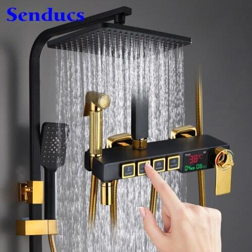 Digital Bathroom Shower Set Senducs Four Function Thermostatic Shower System Rainfall Shower Head Black Gold Digital Shower Set