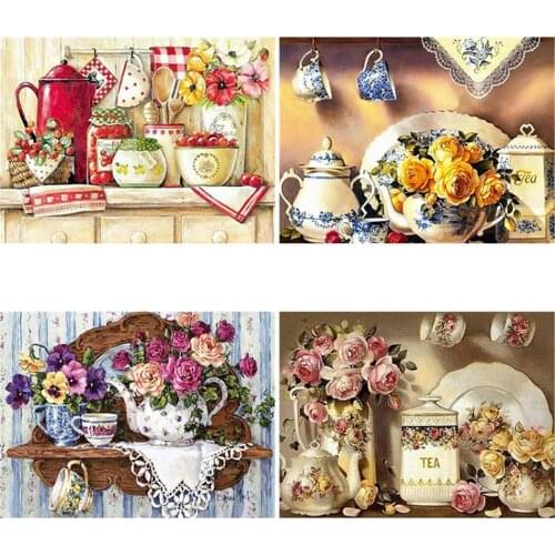 Diy 5d Full Diamond Embroidery Square Round Diamond Flower Vase Tea Set Mosaic Furniture Decoration Hobby Gift