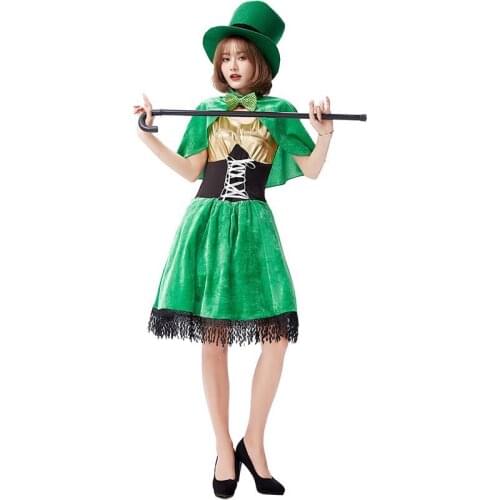 Women Magician Green Goblin Dwarfs Cosplay Female Western Europeans Ireland St. Patricks Day Costumes Bar Role Play Party Dress