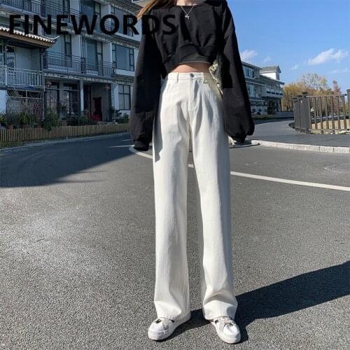 FINEWORDS Beige High Waist Wide Leg Jeans Women Full Length Korean Casual Mom Jeans Streetwear Harajuku Loose Plus Size Jeans