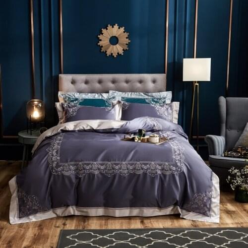 Elegant embroidery bedlinen blue Bedding Set King Queen Size Bed Linen egyptian cotton Duvet Cover Bed Sheet Set Pillowcases