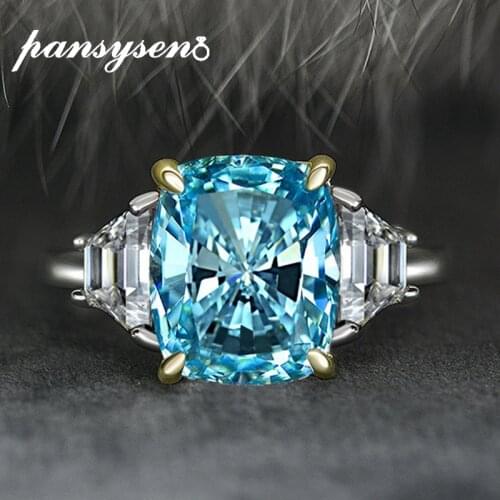 PANSYSEN Solid Silver 925 Aquamarine Sapphire Created Moissanite Rings for Women Wedding Anniversary Fine Jewelry Gift Wholesale