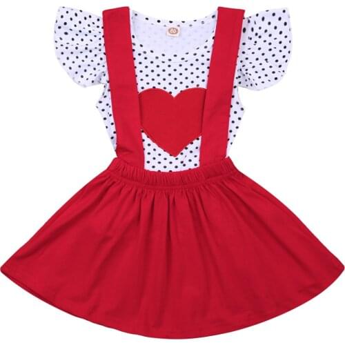 Valentines Toddler Baby Girls Clothes Sets 1-6Y Polka Dot Heart Print Ruffles Sleeve T Shirts Tops Strap Dress