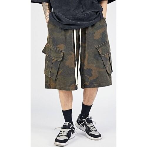 Summer Camouflage Cargo Shorts Mens Elastic Waist Streetwear Distressed Overalls Loose Casual Five-Point Pants MA052