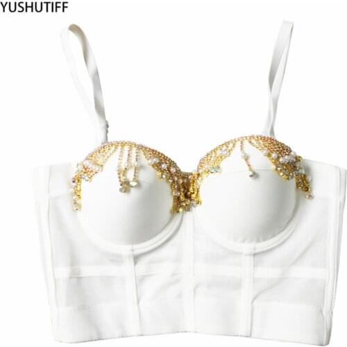 2021 Summer Crop Top Women Dance Show Nightclub Wear Out Corset Tops Chain Beads Sexy Camisole With Built In Bra Push Bralette