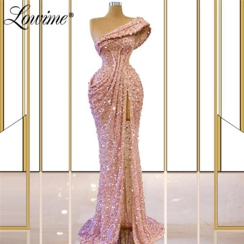 Lowime Beading Pink Mermaid Prom Dresses Crystals Party Gown For Wedding High Split Side Evening Dress Dubai Arabic Evening Wear