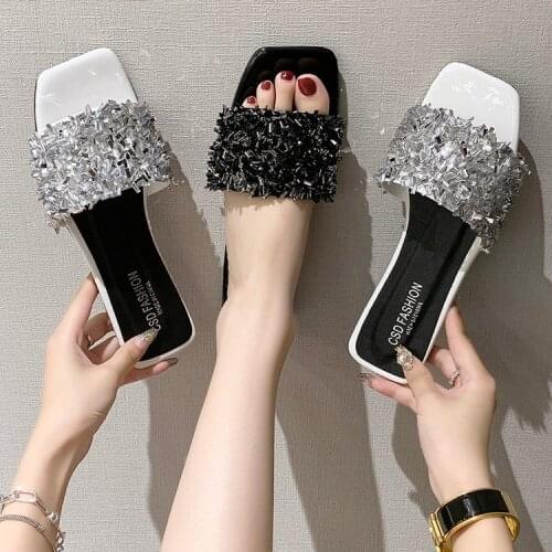 Fashion New Summer Bling Rhinestone Women Slippers Sandals Shoes Antiskid Flat Sole Slippers Woman Sandals Slides Beach Shoes