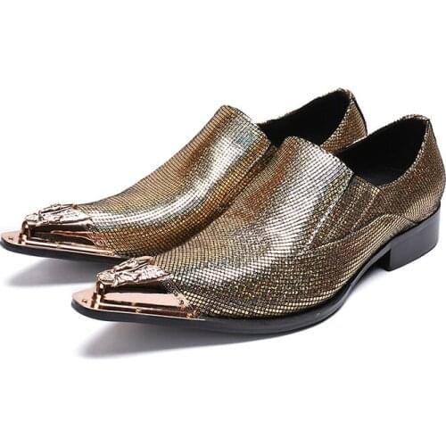 Mens Business Casual Metal Toe Gold Leather Shoes Pointed Toe Slip-on Party/Wedding British Style Men Shoes