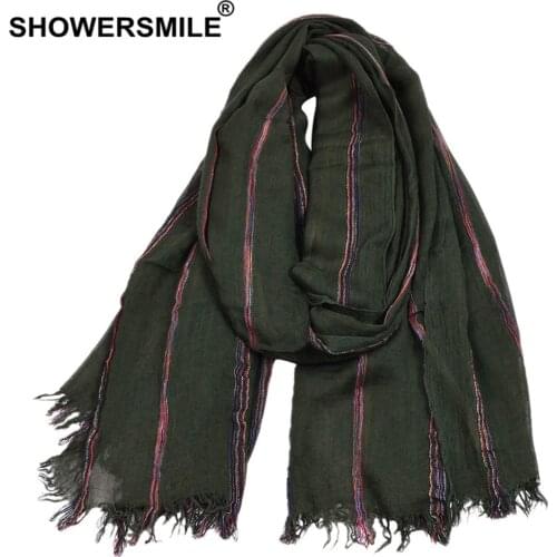 SHOWERSMILE Cotton Linen Men Scarf Winter Army Green Striped Tassel Scarf Men Fashion Ethnic Style Male Accessories
