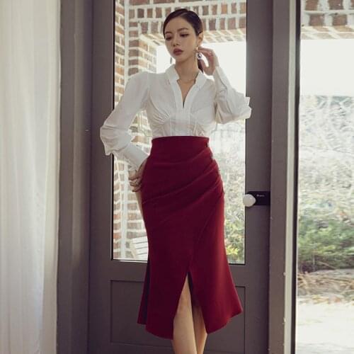 New arrival fashion spring set women OL professional temperament lantern sleeve shirt and asymmetrical split skirt two piece set
