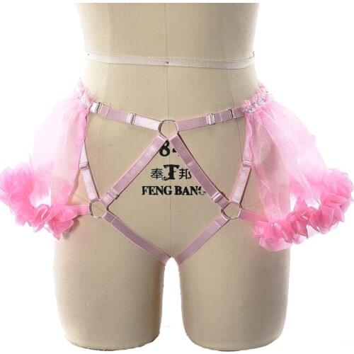 Original Design Pink Body Harness Belt Sexy Lingerie Mesh High Waist Panties Perspective Bottom Harness Kawaii Hollow G String