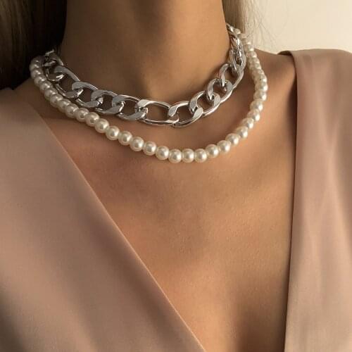 2PCS Baroque Imitation Pearl Round Bead Hollow Thick Chain Metal Necklace For Women Simple Chain Jewelry Accessories