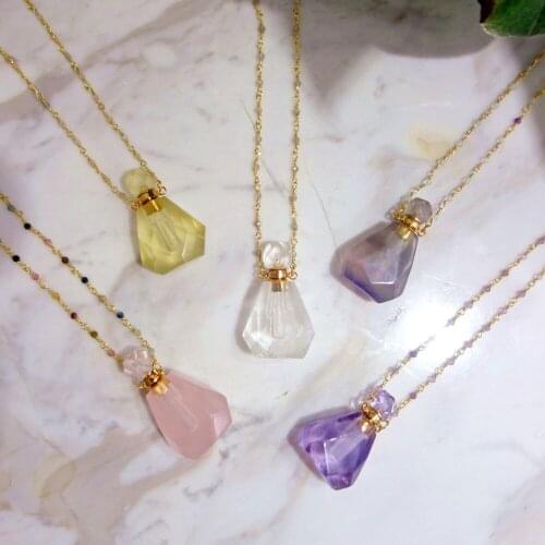 BOROSA 2Pcs Perfume Bottle Natural Multi-Kind Stone White Quartz Amazonite Amethysts 26inch Bead Chains Diffuser Necklace HD0091