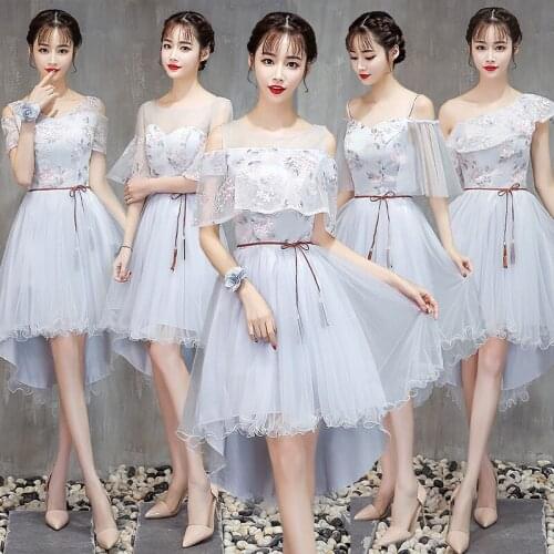 Bridesmaids Dresses Illusion O-Neck Embroidery Luxury Gray Off The Shoulder Lace Tulle Knee-Length Women Wedding Party Gown E340