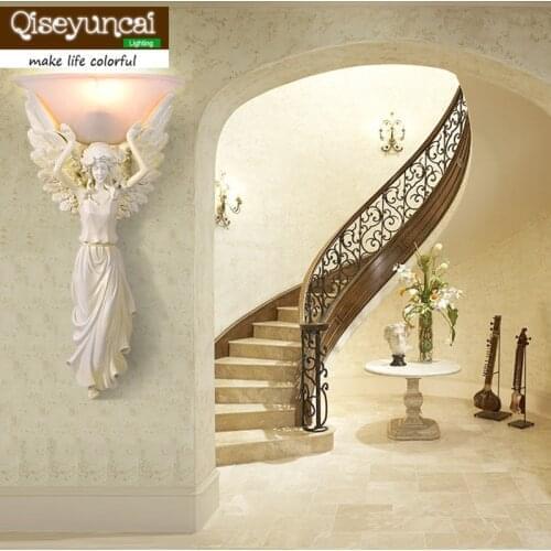 Qiseyuncai 2018 new European Retro Resin Angel Wall lamp Living room backdrop Bedroom Bedside Aisle Corridor Wall lamp