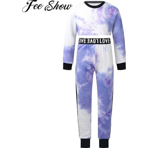 2Pcs Girls Sport Sets Outfits Kids Clothing Tracksuits Round Neck Long Sleeve Tie Dye Print Crop Top Sweatshirt Pants Activewear