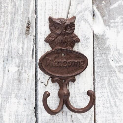 Antique Owl Welcome Cast Iron Wall Double Hooks