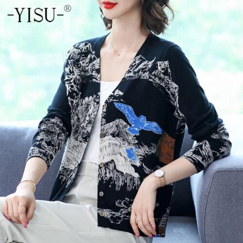 YISU 2021 Sweaters Cardigan Women soft Cardigan Long Sleeve V-neck Single breasted Printed sweater cardigan Autumn Sweaters Coat