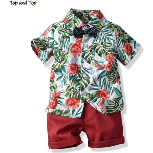 Top and Top Summer Kids Boy Casual Clothes Set Short Sleeve Floral T-shirt+Shorts Baby Boy Beach 2Pcs Gentleman Clothes Suit