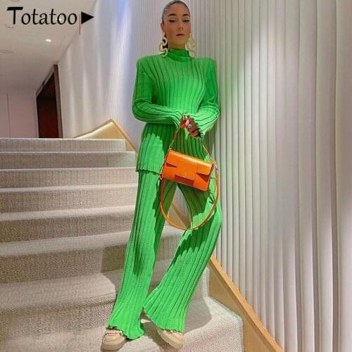 Totatoop Fashion High Street Two Piece Set Turtleneck Long Sleeve Padded Sweater Tops And Wide Leg Pants Knitted Suit Outfits
