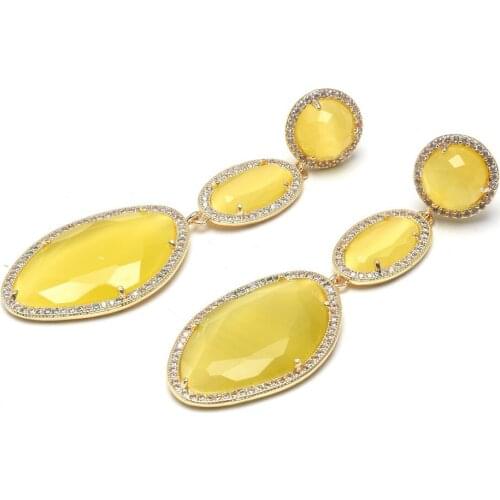 Jewelry Yellow Cat Eye Cz Pave Gold Color Plated CZ Stud Dangle Earrings Classic Rhinestone Geometric For Women