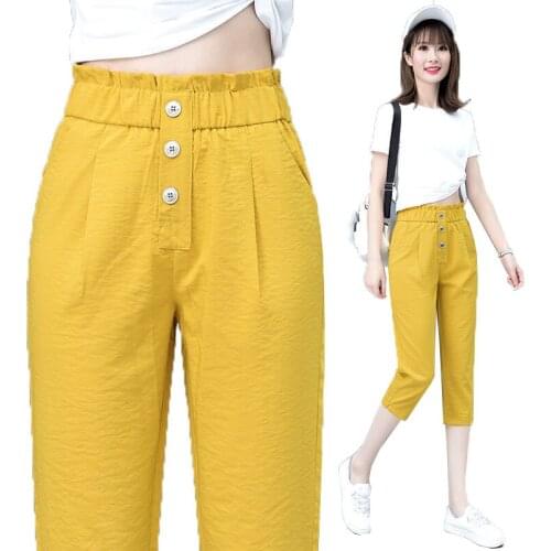 Womens Imitation Ice Silk Summer linen Pants 2021 New All-Match High-Waist Seven-Point/Nine-Point Harlan Casual Female Pants D
