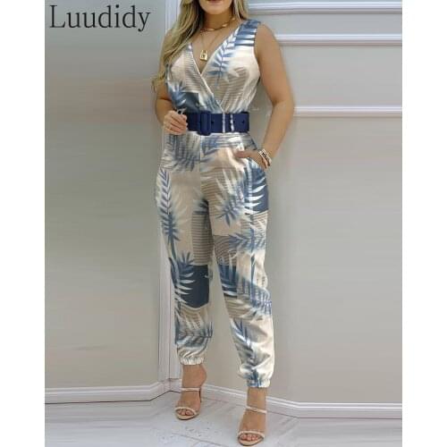 Summer Sexy V Neck Tropical Print Sleeveless Pocket Backless Casual Womens Long Jumpsuits