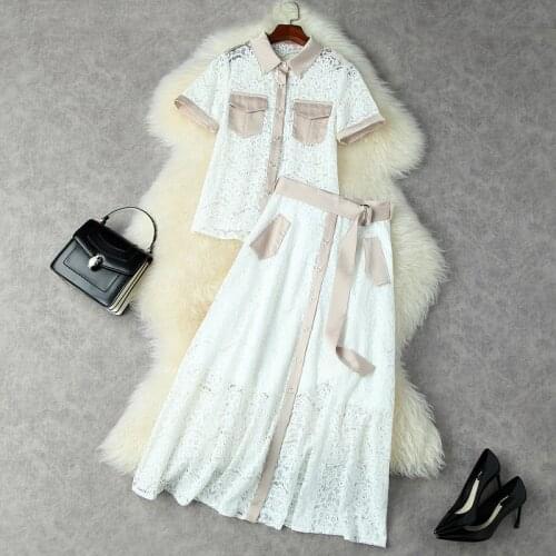 Skirt Suits Women Summer 2021 New Turn Down Collar Hollow Out Lace Top With Camis + High Waist Big Swing Midi Skirt 2PCS Set