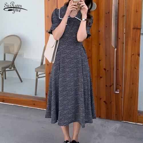 2021 Polka Dot Chiffon Dresses Women Midi Long Dress Summer Sweet Peter Pan Collar Puff Short Sleeve Dress Elegant Vestido 15231