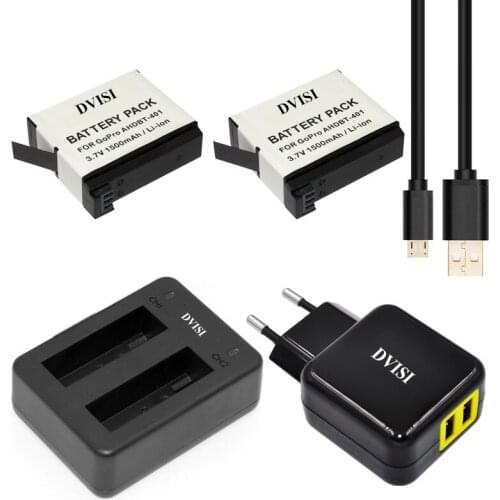 2pcs 1.5Ah AHDBT-401 AHDBT401 Rechargeable Battery+Dual Charger Port Home Charger for Gopro Hero4 HD P0019279 EU/US AC Adapter