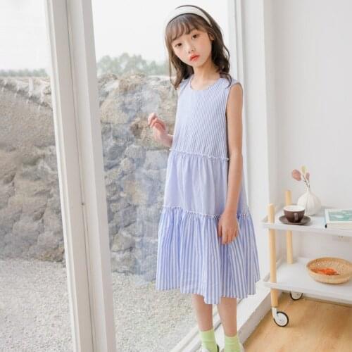 2021 Kids Dress for Girl Clothes Striped Princess Dress Elegant Ruffle Girl Dresses Cotton Holiday Beach 6 8 10 12 14 16 Years