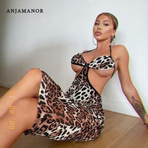 ANJAMANOR Vacation Leopard Print Midi Dresses Sexy Club Outfits for Women Summer Cut Out Backless Bodycon Dress D83-BB16