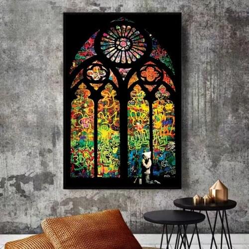 Banksy Stained Glass Window Church Canvas Painting Modern Prints and Posters Wall Art Pictures for Living Room Home Decoration