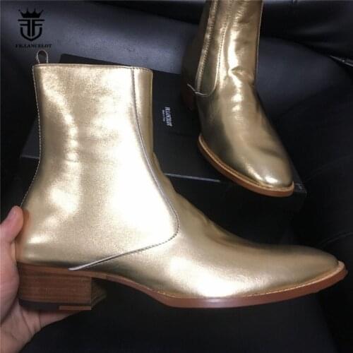 Handmade Top Quality Golden Genuine Leather Harry ZIP Boots Luxury SLIM Dress Wedge Wedding Parting Causal Boots