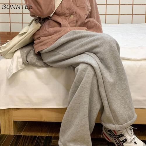 Pants Women Full Length Japan Style Baggy Flat Teenagers Elastic Waist Pockets Fall Pure Thicker Straight Popular Gray All-match