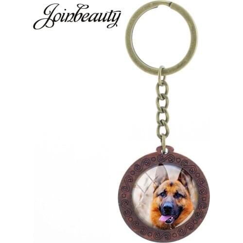JOINBEAUTY Dog Wooden key chain Handmade German Shepherd Dog Glass Cabochon Pendant Key Chains For Car Key Ring Key Holder C726