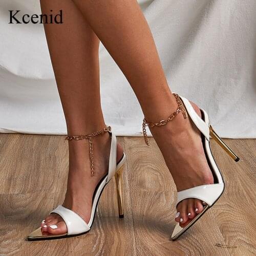Kcenid Summer Shoes Metal Chain Metal High Heels Stilettos Sexy Pumps Women Shoes PU Leather Open Toe Female Sandals White Black