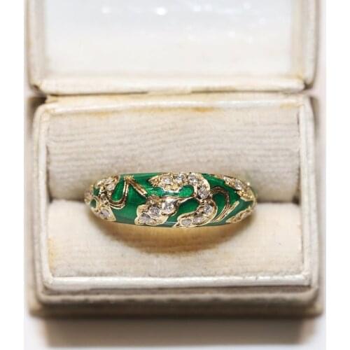 Pretty 14k Gold Victorian Antique Style New Made Natural Diamond Enamel Decorated Strong Ring