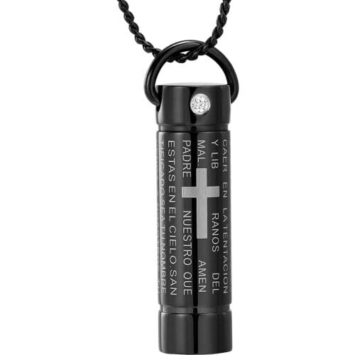 Lords Prayer Cross Cremation Urn Pendant for Ashes Stainless Steel Memorial Urn Jewelry Cylinder Cremation Necklace Men