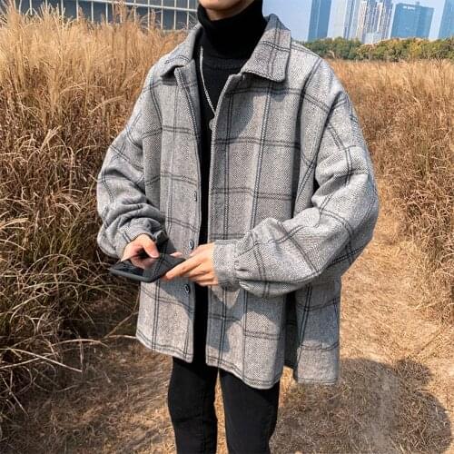 Autumn Woolen Jacket Mens Fashion Retro Casual Tartan Woolen Coat Man Streetwear Wild Loose Male Jackets Men Outwear M-2XL