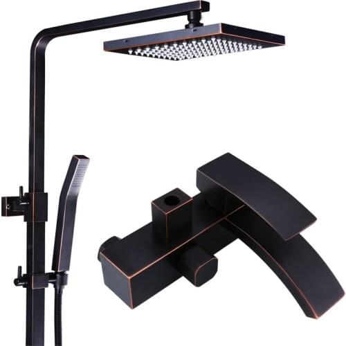 Nordic Solid Brass Black Shower Set System Wall Mounted Bathroom Square Rain Shower Nozzle With Lifting Of Hot Cold Shower Set