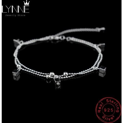 New Ladies Beach Square Pendant Foot Anklet 925 Sterling Silver Double Layer Small Ball Chain Anklets Bracelet For Women Jewelry