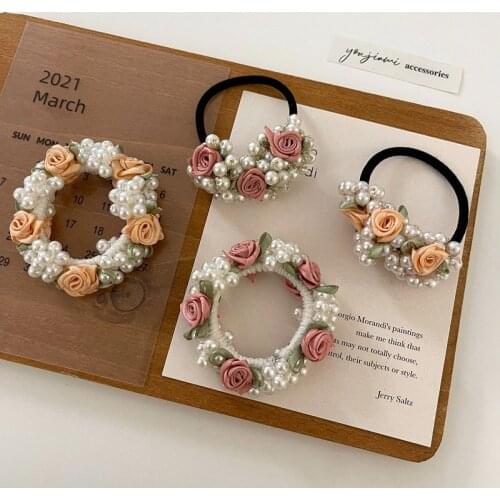 Handmade Rose Pearl Hair Band Rubber Band Pearl Bracelet High Quality Cotton Flower Elastic Hair Band Hair Accessories Wholesale