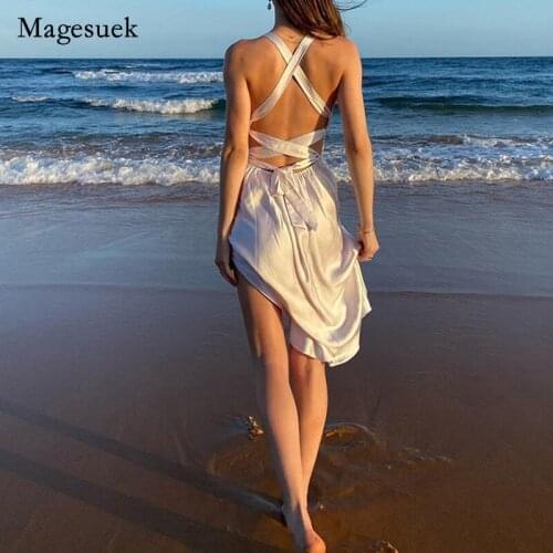 Plus size Holiday Beach V-neck Sling Satin Dress Sexy Party 2021 Summer Women Dress Hollow Out Sleeveless Dress Vestido 14580