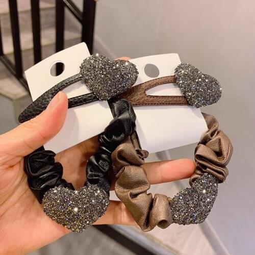 30set/lot DIY Simple Multi Imitation Leather Hair BB Clips Big Hearts Drill Hair Bands Hair Styling Tools Accessories HA1751