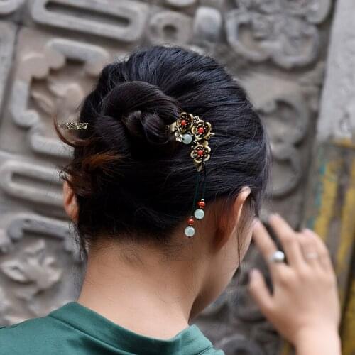 Fashion nature Aventurine Quatz vintage hairsticks,red stone Ethnic hairpins,Thailand copper flowers hairjewelry
