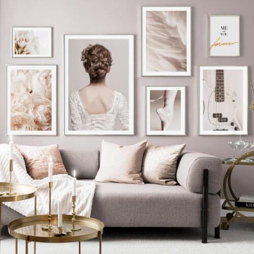 Nordic Poster Pink Flower Feather Dance Girl Guitar Quotes Wall Art Prints Canvas Painting Wall Pictures For Living Room Decor