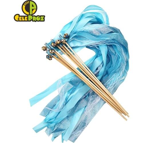 Wedding Ribbon Wands Blue Boys Birthday Party Silk Lace Ribbon Stick with Bells Baby Shower Ribbon Wand Wedding Birthday Supply
