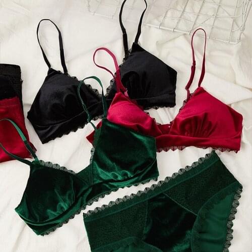 Wriufred Velvet underwear girls plus size gathered lingerie sets no steel ring adjustable bra breast support ladies bralette set