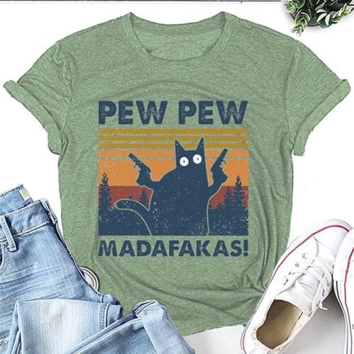 2021 Womens Cat Pew Pew Madafakas Funny T-Shirt Girl Cat Gangster With Gun Meme Retro Humor Tops Tee Female 90s Clothes